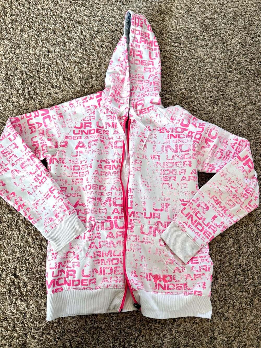 Under Armour Full Zip Hoodie Size MD Pink White Logo Graphic
